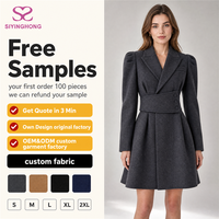 Robe Blazer Femme Sur Mesure Coupe Trapèze à Col Pointu Manches Longues Épaules Bouffantes Ceinture Large Robe de Travail de Bureau Charbon Hiver Vente en Gros