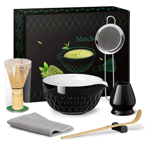 Juego de Té Matcha Tradicional Japonés de 7 Piezas, con Tazón de Cerámica, Batidor de Bambú, Cuchara para Té, Porcelana Negra - Product Image 1