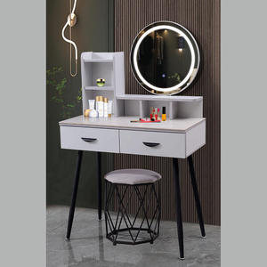 Coiffeuse moderne en bois massif avec miroir LED et tabouret pour chambre de fille, dortoir, maquillage et manucure - Product Image 6
