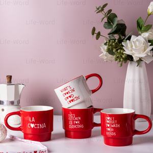 Vente en gros de tasses à café en céramique empilables pour la cuisine verres en porcelaine avec citations drôles et poignée rouge tasses quotidiennes tendance pour la maison et le café - Product Image 6