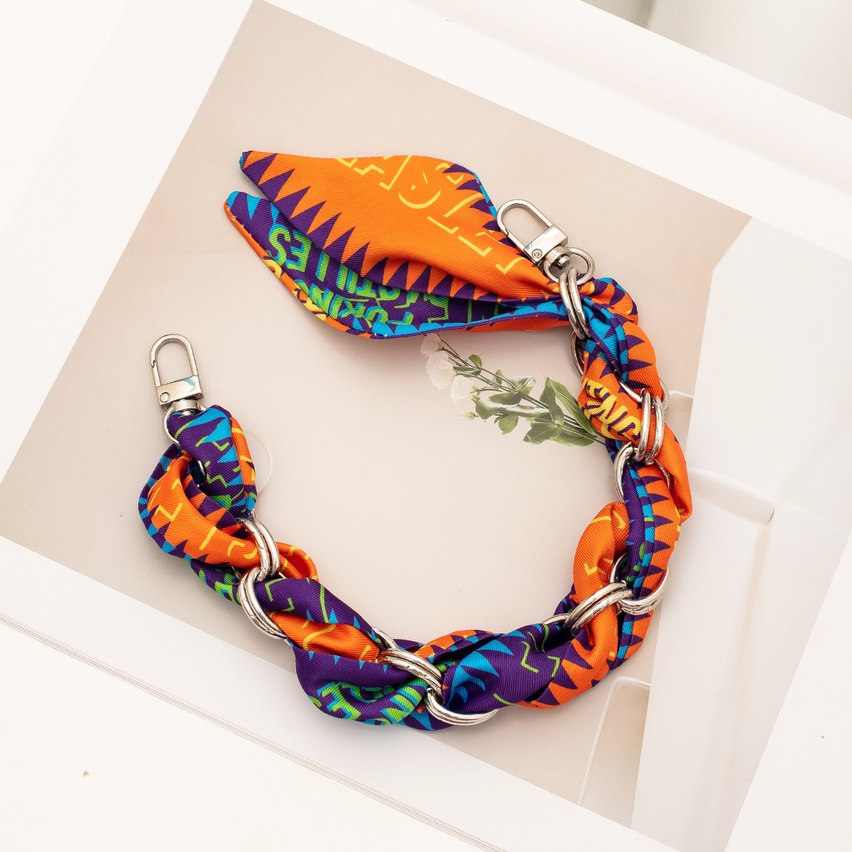 Gift Creative Luxury Silk Scarves Metal Chain for Handbag Lanyard Portable Short Chain Strap for Phone Wrist Strap Key Chain Image 2