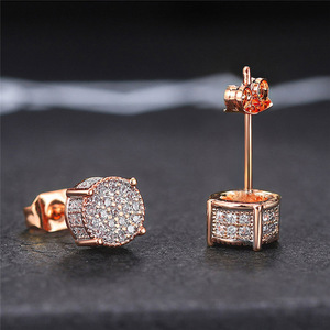 Luxury Gold Plated <b>Stud</b> <b>Earrings</b> With Round Diamond Micro Pave Setting For Everyday Wear Unisex <b>Fine</b> Jewelry - Product Image 5