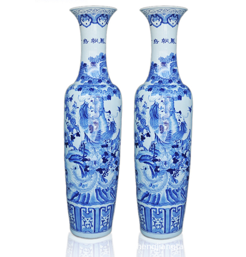大型陶磁器花瓶 色鮮やかな花と鳥の模様 大型中国手描き花鳥模様の陶器フロアベース 1m 高