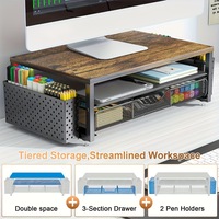 Support d'écran d'ordinateur moderne en bois pour bureau à domicile avec tiroir, porte-stylos et compartiments de rangement