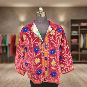 <b>Women</b> Vintage Floral <b>Velvet</b> Suzani Jacket Hand Embroidered Boho Winter <b>Coat</b> Short Kimono Jacket Trendy Indian Artisanal Wea - Product Image 1
