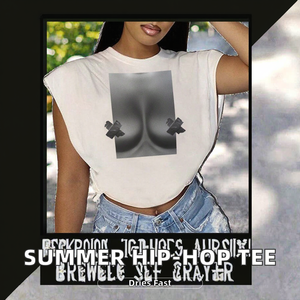 Nueva Camiseta de Verano Transpirable con Estampado de Punto Liso y Diseño Hip-Hop con Ombligo Expuesto Lateral para Mujer - Product Image 2