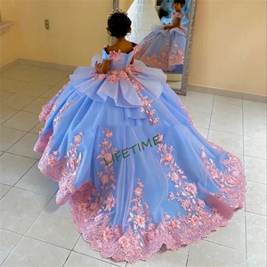 Abiti da ragazza di fiori blu di lusso per matrimonio da <span class=keywords><strong>principessa</strong></span> abito da ballo pizzo con scollo a V abito da prima comunione per bambini - Product Image 4