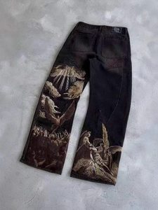 <span class=keywords><strong>Jeans</strong></span> da Uomo Personalizzati a Gamba Dritta con Ricami Intricati, Lavaggio Scuro, Motivo Artistico Mitologico Ricamato su Denim - Product Image 2