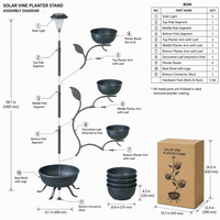 Support de pot de fleurs solaire à 3 pots avec base en fer en forme de feuille, décoration de jardin, de patio et d'extérieur
