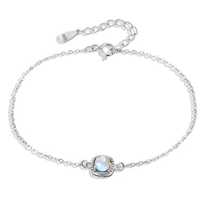 lotus fun Zirconia Natural Blue Moonstone bracelet 4mm gemstone 925 sterling silver Platinum plated fine dating jewelry for lady