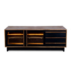 Mueble para TV Bajo Oxberg en Negro y Madera Natural con Puertas de Vidrio, Cajones e Iluminación LED en el Estante - Product Image 5