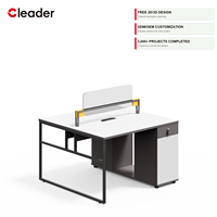Poste de travail moderne pour 2 personnes, cadre carré noir, plateau blanc, accents dorés, écran en acrylique, armoire de rangement, OEM