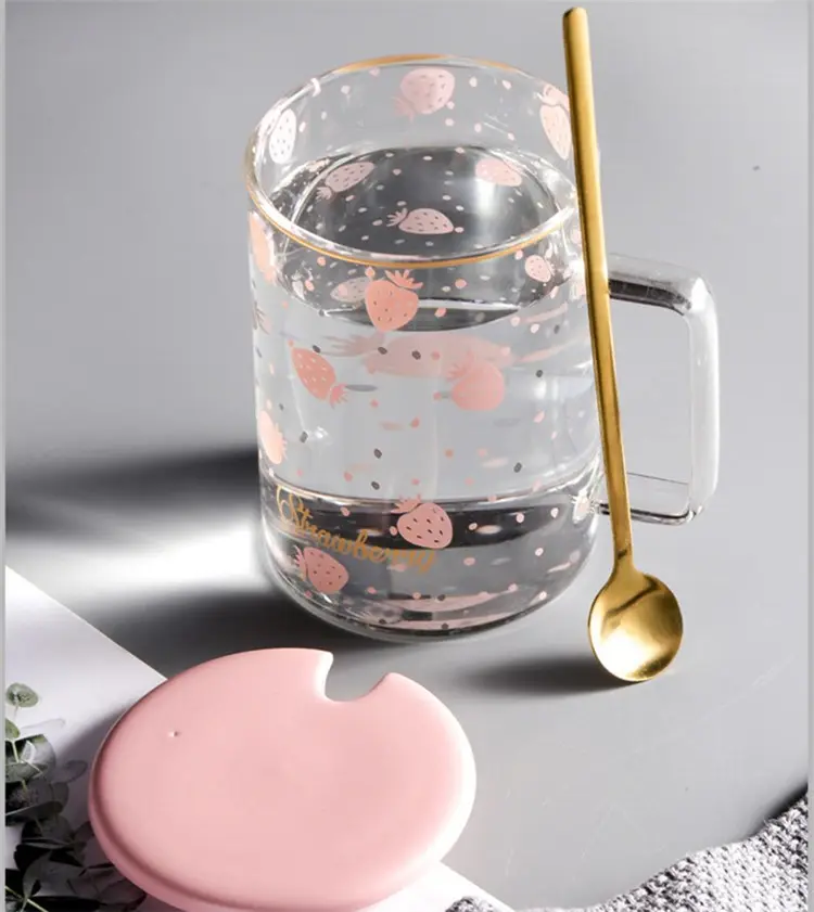 High Borosilicate Glass 500ml Pink Strawberry Watermelon Mug Fruit Glassware Cup With Ceramic Lid