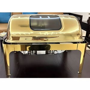 Buffect Catering - Recipientes para Calentar Comida Rectangulares Dorados de Acero Inoxidable de 9L con Tapa Enrollable y Cubierta de Vidrio - Product Image 4