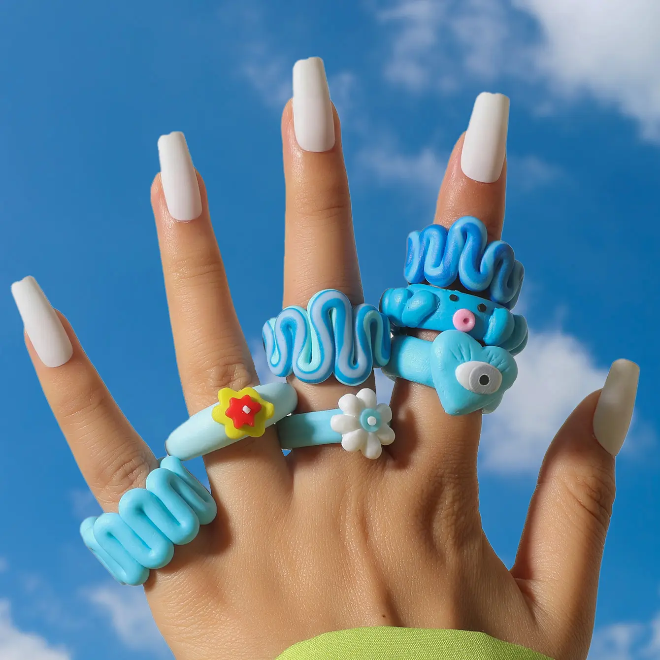 2022 New Arrivals Cute Jewelry Heart Shape Devil Eye Finger Rings Women Flower Shape Twisted Blue Ceramic Clay Ring For Girl