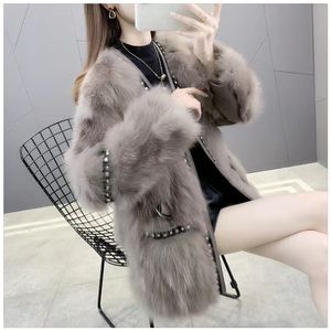 <span class=keywords><strong>Manteau</strong></span> en fausse fourrure de renard de luxe léger, avec empiècements en cuir et détails rivetés, élégant, chaud et non volumineux - Product Image 5