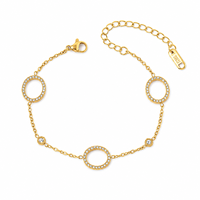PVD Gold Plated Rolo Chain Women Bracelet, 5-Petal Flower & Hollow Ring CZ Charms Daily Elegant Wrist Jewelry Bulk Wholesale