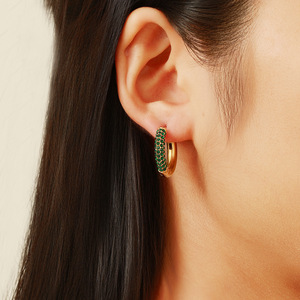 Hoop <b>Earrings</b> Gold Plated <b>Green</b> Diamond Channel Setting Stainless Steel Party Jewelry - Product Image 3