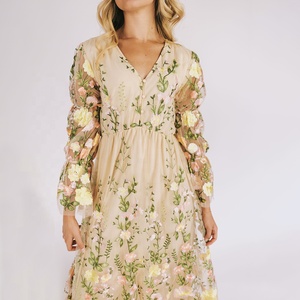 Abito Estivo da Donna Vintage con Scollo a V, <span class=keywords><strong>Maniche</strong></span> a Lanterna, Volant, Trasparente in Raso e Rete, a 2 Strati, Floreale, Maxi, Streetwear, Lavabile - Product Image 6