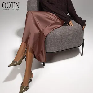 OOTN FemaIe 2024 Spring EIegant Brown Satin A Line Skirts Women Office Lady Silk Long Skirt Fashion Casual Ankle-Length Skirts