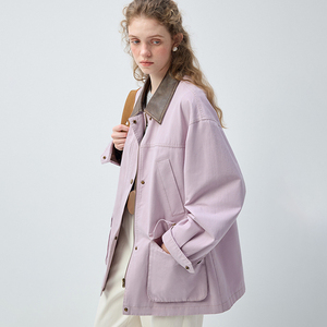 <span class=keywords><strong>Manteau</strong></span> court surdimensionné en similicuir patchwork de style coréen pour <span class=keywords><strong>femme</strong></span> VEGA CHANG, nouveau printemps et automne, violet taro - Product Image 1