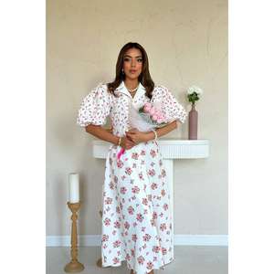 Robe Cache-Cœur Trapèze Imprimée Florale Blanc Cassé Taille Naturelle Tissée Respirante pour Usage Quotidien Décontracté – Vente en Gros - Product Image 3