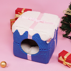 Caja de Regalo Navideña, Cama para Gatos, Techo de Lana Azul con Diseño Chevron, Cálida, Semi Cerrada, Casa para Gatos Pequeños - Product Image 2