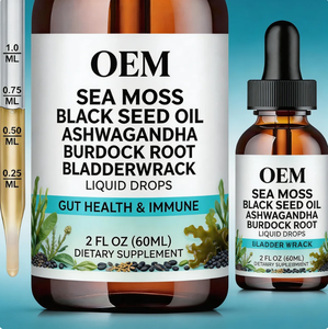 Suplemento Herbal en Gotas de Musgo Marino OEM con Aceite de Semilla Negra, Ashwagandha, Raíz de Bardana y Alga Marina Líquida para la Salud Intestinal y el Apoyo Inmunológico - Product Image 1