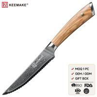 Couteau à steak en acier Damas de 4,5 pouces, dentelé, ultra-affûté, avec manche en bois d'olivier, couteau de cuisine professionnel
