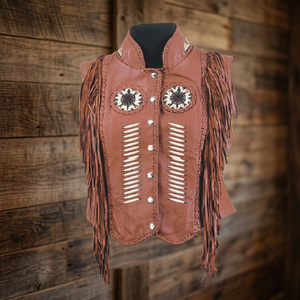 Chaleco de cuero genuino marrón para mujer, chaleco de motociclista con cuello redondo, flecos Vintage, cuentas, decoraciones de encaje, chaleco de lona con botones a prueba de viento - Product Image 2