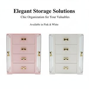 Organizador de Joyas de Plástico para Escritorio <span class=keywords><strong>con</strong></span> 4 <span class=keywords><strong>Cajones</strong></span> y Puertas Laterales, Caja de Almacenamiento de Cosméticos a Prueba de Polvo <span class=keywords><strong>con</strong></span> Bonito Lazo en la Asa - Product Image 6