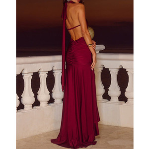 Top Quality Elegant <strong>Halter</strong> <strong>Satin</strong> Ruffles Women's Maxi Dress High Slit Long <strong>Satin</strong> Evening Maxi Dress for Female - Product Image 2