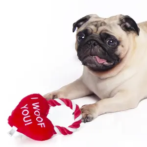 2024 Best Aggressive Durable Chewing Valentine's Day HEART ON ROPE I WOOF YOU PUPS KISSES-WHITE/RED+Customize Plush Toys
