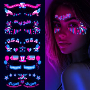Autocollants de tatouage temporaire lumineux personnalisés qui brillent sous la lumière noire UV pour le Jour de l'Indépendance, le 4 juillet, peinture faciale - Product Image 3
