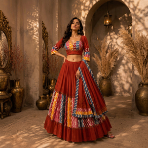 Conjunto de Lehenga Choli Reversible con Estampado Geométrico Rojo para Mujer, con Dupatta, Cuello Pronunciado, Ribete en Contraste, Largo hasta el Suelo, para Bodas y Diwali - Product Image 1