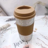 Cangkir Kopi Kustom Portabel Wanita Kreatif Portabel Kristal Berlian Imitasi Berlian Bling Perjalanan Cangkir Air Bambu Cangkir Kopi Kustom