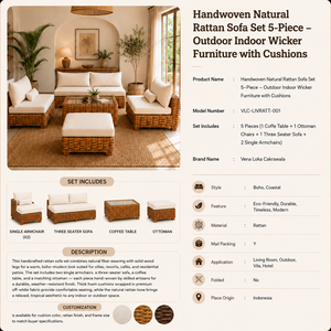 Conjunto de Sofá Moderno de Mimbre Natural para Interiores y Exteriores con Cojines para Jardín, Patio o Sala de Estar - Product Image 2
