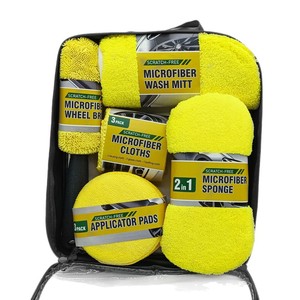 Microfiber Car Cleaning Kit 9 Piece Yellow <b>Scratch</b> Free Wash Mitt Cloths Sponge Applicator <b>Pads</b> Wheel Brush - Product Image 5