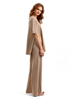 Ensemble pantalon et pull court en soie et cachemire 14gg anti-boulochage, tricot fin, coupe ample, col rond, pour femme, style décontracté, ODM