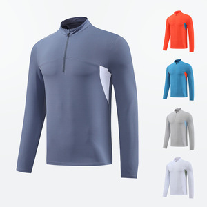 Camiseta Deportiva Casual de Manga Larga para Hombre, Tiyo, con Cierre de Media Cremallera, Cuello Alto, Secado Rápido, 100% Poliéster, Color Gris Claro Sólido, para Correr al Aire Libre - Product Image 4