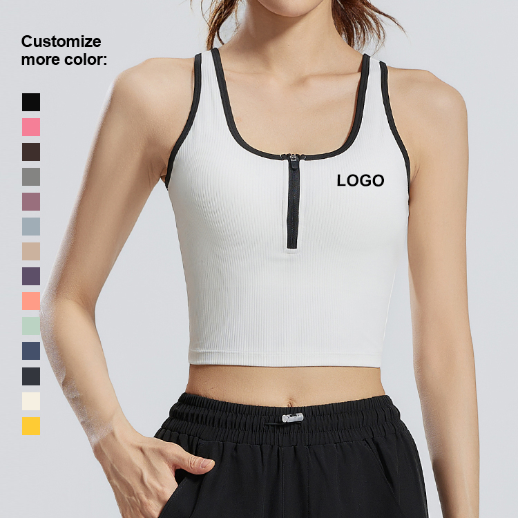 Women's High Neck Slim Fit Crop Tank Top New Polyester Spandex Half Zip Gym Yoga Fitness Crop Top Built-In Plus Size Seamless