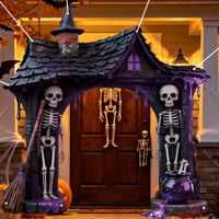 Décorations de festival Halloween : Grande guirlande suspendue en polyester pour extérieur, motif maison magique de sorcière, toile de fond photo en forme d'arche