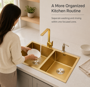 Lavello da <span class=keywords><strong>Cucina</strong></span> a Doppia Vasca in Acciaio Inossidabile Dorato con Rubinetto ad Arco Alto, <span class=keywords><strong>Doppio</strong></span> Scarico, Vasche Profonde, Bordo Largo Moderno, Fornitura B2B OEM ODM - Product Image 3