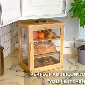 Wooden Multi Functional Bread Box Three Layer Transparent Storage Rack Bamboo With Lid For <b>Kitchen</b> Use - Product Image 4