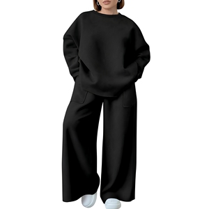 Conjunto Deportivo de Algodón Blanco para Mujer, Cuello Redondo, Manga Larga, Corte Holgado, Color Sólido, Pantalones Casuales con Bolsillos Laterales - Product Image 5