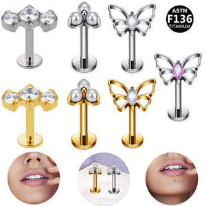 Titanium Lip <b>Stud</b> Butterfly Shape F136 Titanium Alloy Piercing Jewelry For Lip <b>Cartilage</b> <b>Studs</b> With Crystal Inlay - Product Image 1