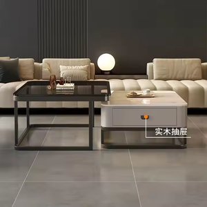 Simple Modern Square Coffee <strong>Table</strong> for Living Room Light Luxury Glass Design <strong>Adjustable</strong> <strong>Height</strong> Metal Rock Slab for Small 2 Pieces - Product Image 2