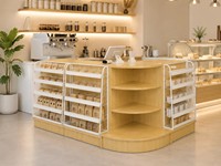Comptoir de caisse de supermarché avec finition imitation bois