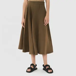 From Attitude 2024 Fall New Women Gathers Saia A Line Zipper High Waisted Khaki Pleated Midi Skirts