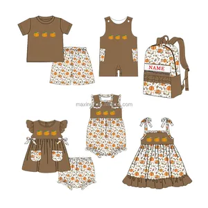 Fall Children Clothes Thanksgiving Pumpkin Embroidery Boutique Toddler Baby Girls Dresses Outfits